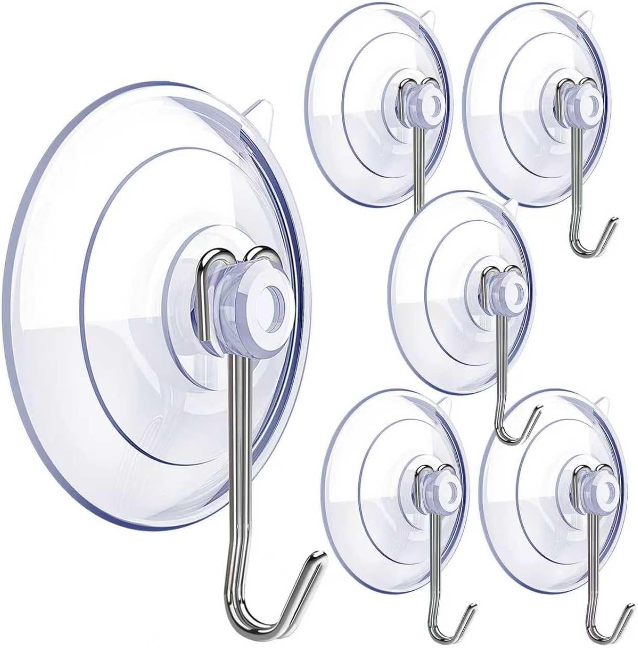 Suction Cup Hooks.6 PCS Clear Suction Cup for Glass Window Decor Shower Bathroom Glass Window Shower Kitchen. Reusable PVC Cups with Removable Stainless Hooks. Assorted (6)