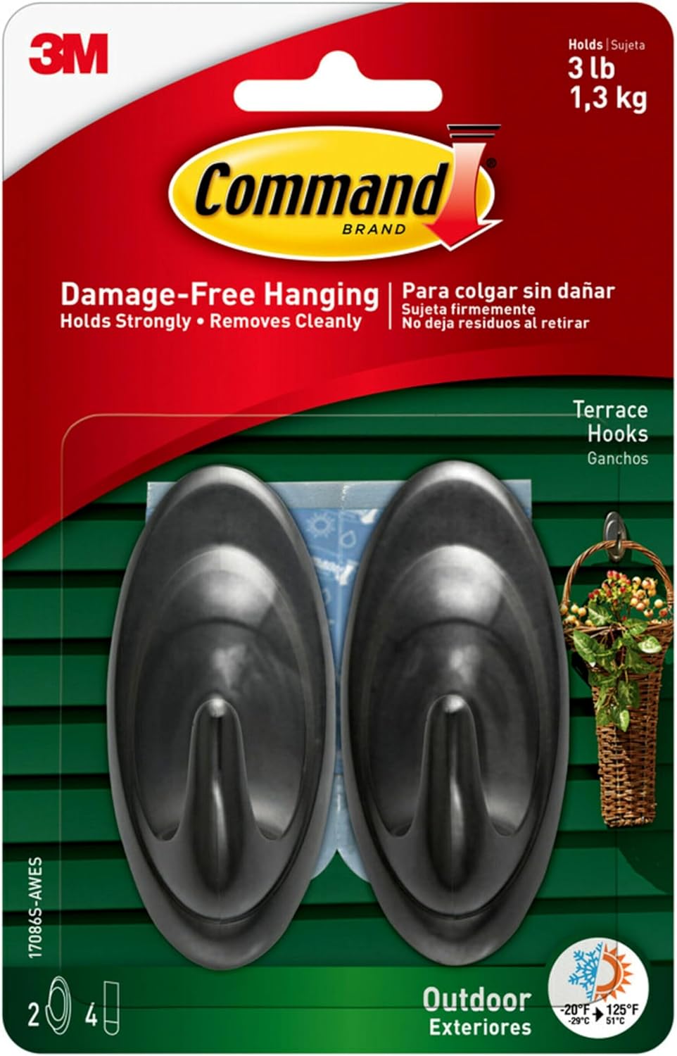 Command Outdoor Medium Slate Terrace Hooks with Foam Strips. 2 Hooks. 4 Strips
