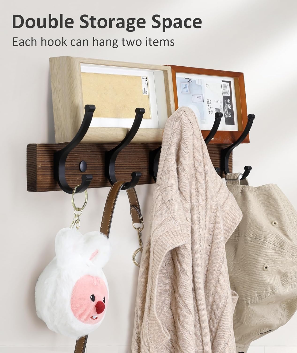 Optish Coat Rack Wall Mount. 16.5 Inches Wood Coat Hooks. Wall Hooks for Hanging. Hat Rack Bag Hanger Key Holder for Wall. Purse Hanger Towel Racks for Bathroom (1Pack. Brown) - Image 4