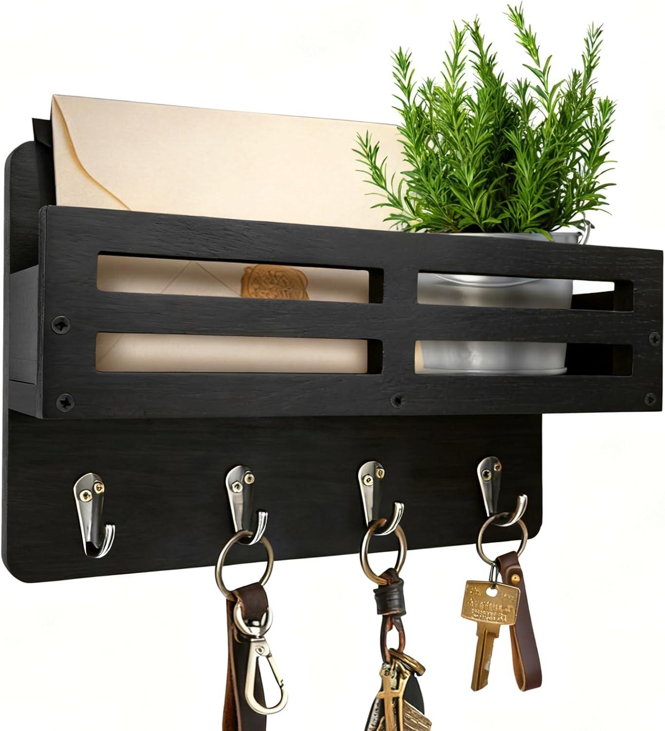 Key Holder Wall Mount. 10 inch Decorative Key and Mail Holder for Wall. with Mail Organizer & 4 Key Hooks. Rustic Wooden Key Rack for Hanging Dog Leash Sunglasses. Entryway Key Hanger. Black