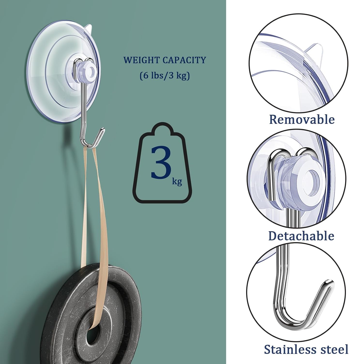 Suction Cup Hooks.6 PCS Clear Suction Cup for Glass Window Decor Shower Bathroom Glass Window Shower Kitchen. Reusable PVC Cups with Removable Stainless Hooks. Assorted (6) - Image 3