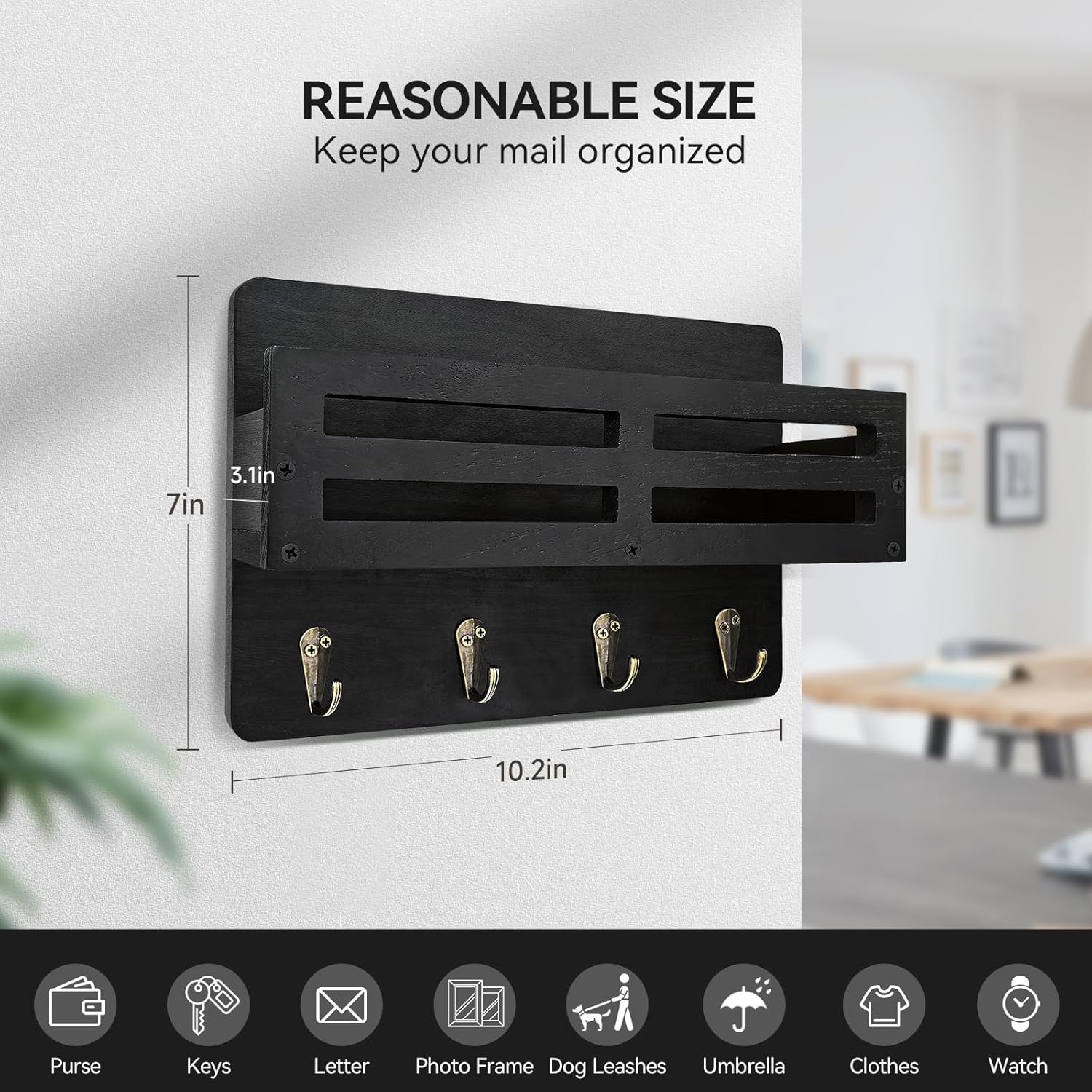 Key Holder Wall Mount. 10 inch Decorative Key and Mail Holder for Wall. with Mail Organizer & 4 Key Hooks. Rustic Wooden Key Rack for Hanging Dog Leash Sunglasses. Entryway Key Hanger. Black - Image 2