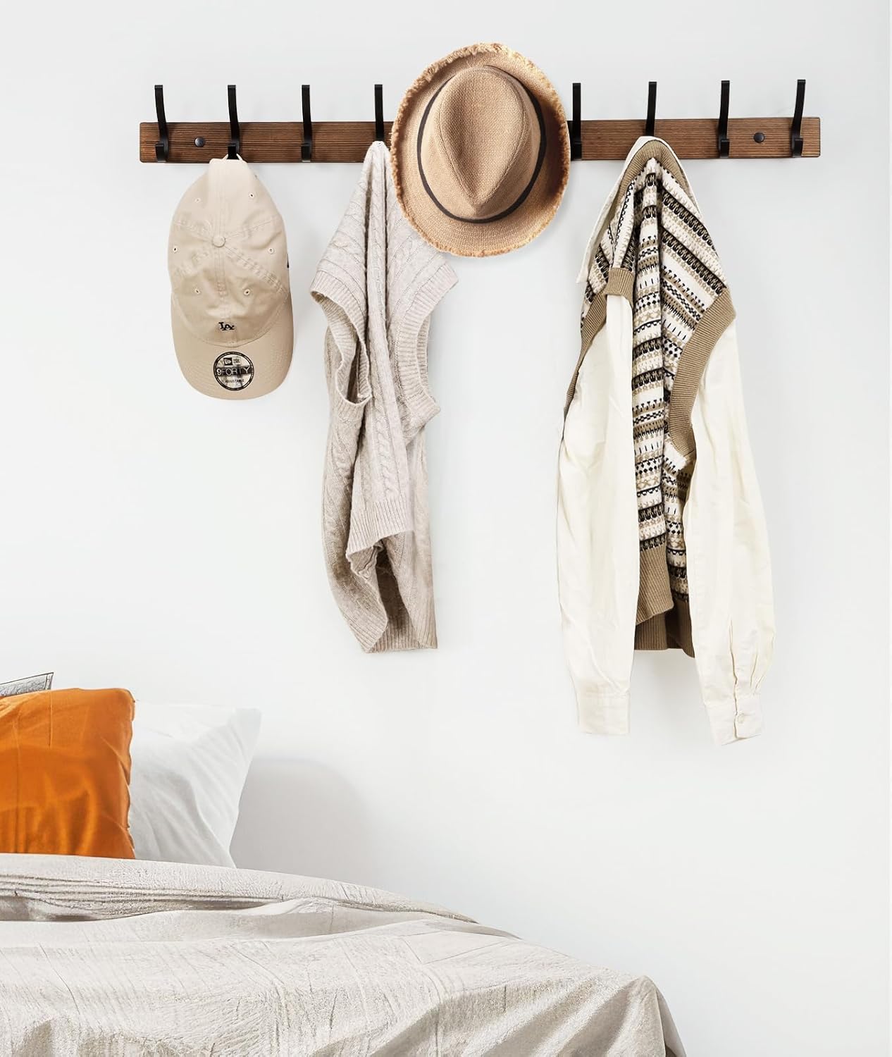 Optish Coat Rack Wall Mount. 16.5 Inches Wood Coat Hooks. Wall Hooks for Hanging. Hat Rack Bag Hanger Key Holder for Wall. Purse Hanger Towel Racks for Bathroom (1Pack. Brown) - Image 6