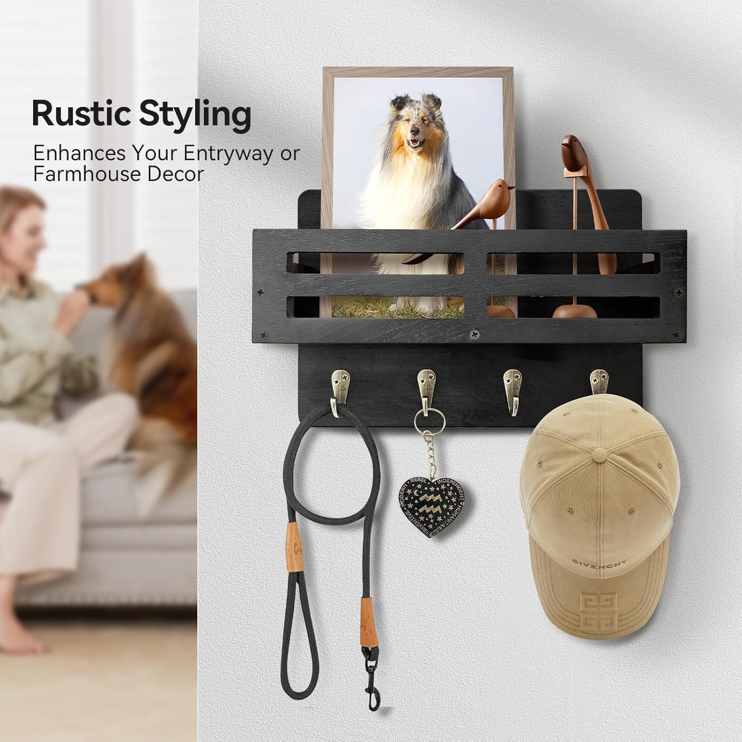 Key Holder Wall Mount. 10 inch Decorative Key and Mail Holder for Wall. with Mail Organizer & 4 Key Hooks. Rustic Wooden Key Rack for Hanging Dog Leash Sunglasses. Entryway Key Hanger. Black - Image 5