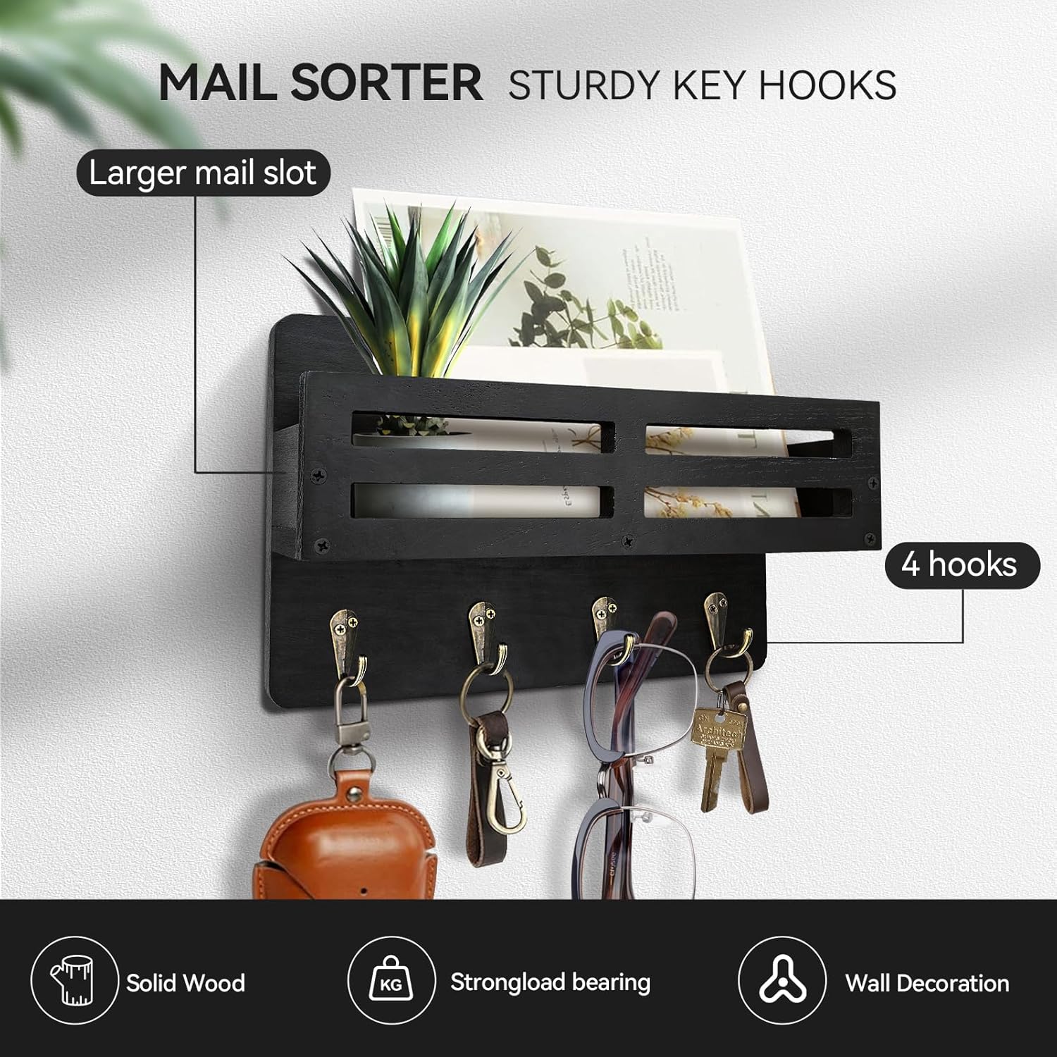 Key Holder Wall Mount. 10 inch Decorative Key and Mail Holder for Wall. with Mail Organizer & 4 Key Hooks. Rustic Wooden Key Rack for Hanging Dog Leash Sunglasses. Entryway Key Hanger. Black - Image 4
