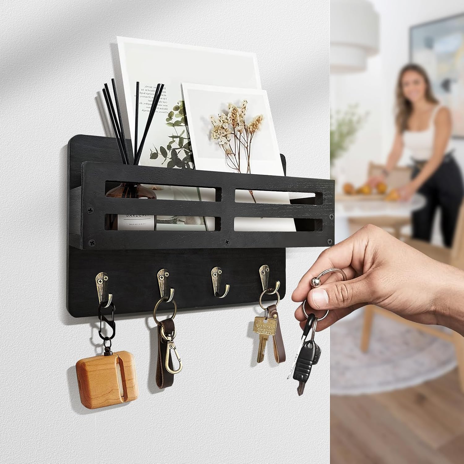 Key Holder Wall Mount. 10 inch Decorative Key and Mail Holder for Wall. with Mail Organizer & 4 Key Hooks. Rustic Wooden Key Rack for Hanging Dog Leash Sunglasses. Entryway Key Hanger. Black - Image 8