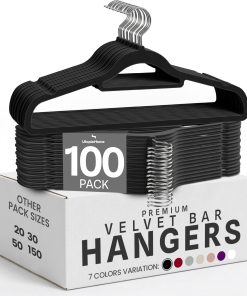 Utopia Home Velvet Hangers 100 Pack – Premium Hangers with Tie Bar - Black | Non-Slip Slim Clothes & Coat Hangers with Tie Bar. Space-Saving Heavy Duty Design. 360° Swivel Hook